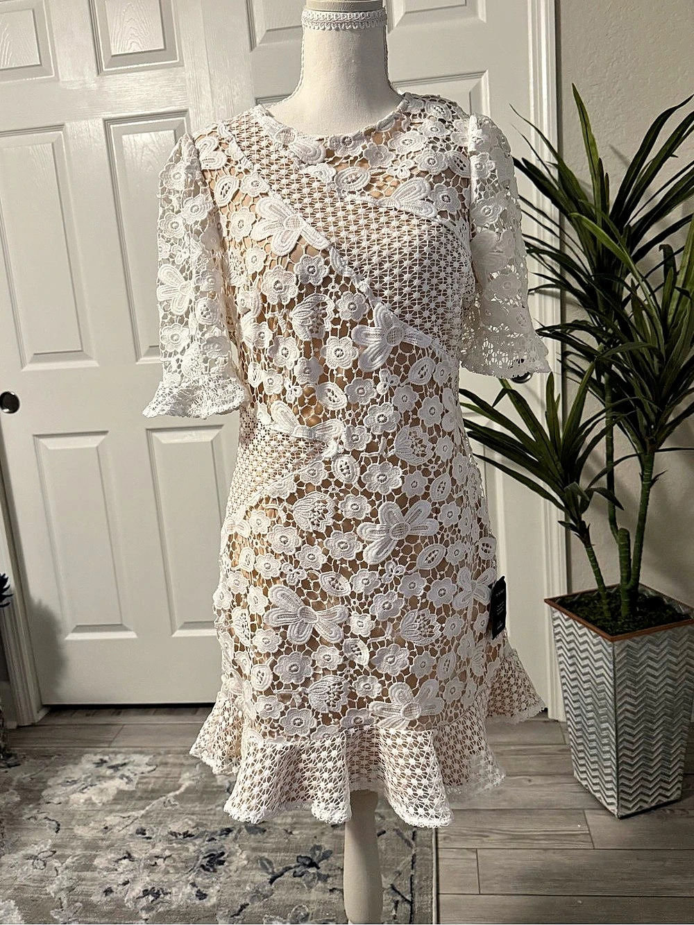 Lulus Catch My Eye White Lace Embroidered Short Sleeve Mini Dress